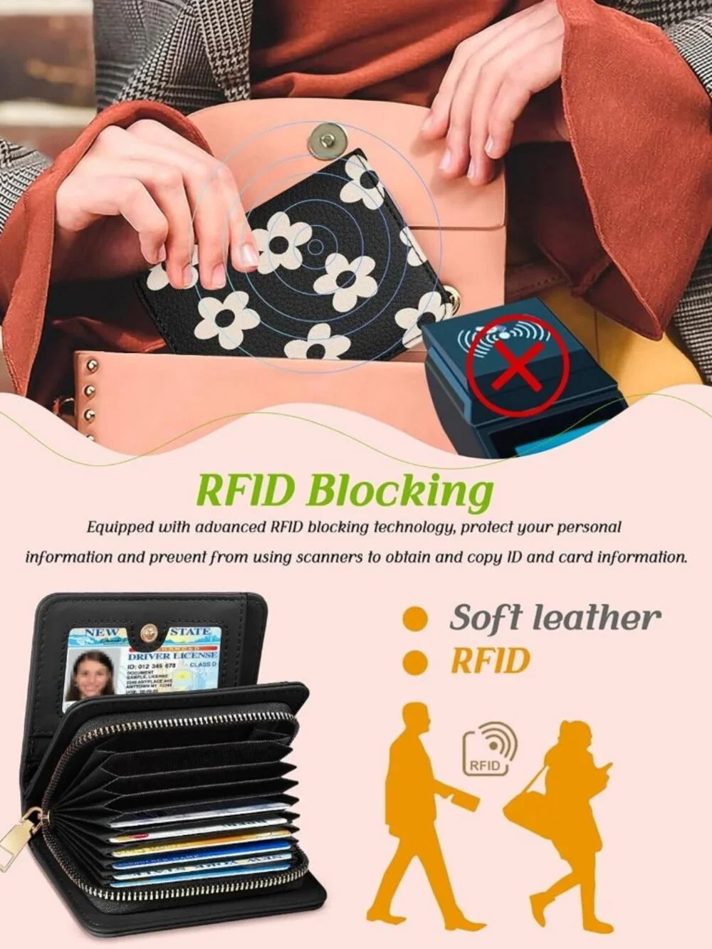 Stylish RFID Credit Card Holder Wallet for Women - 16 Slots, Zipper, Cute